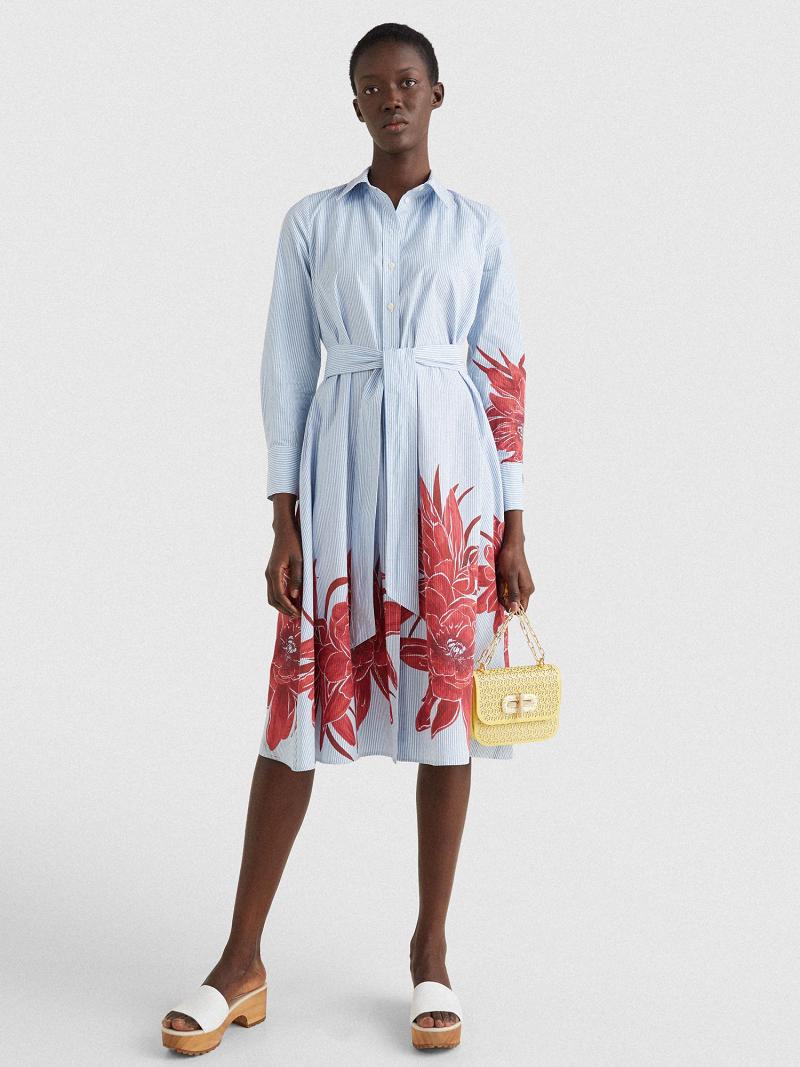 Női Tommy Hilfiger Floral Stripe Midi Shirtdress Dresses Kék | HU 91MQZ